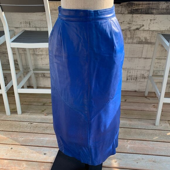 Vintage 90s Blue Leather Straight Pencil Pleated Maxi Midi Long Skirt - Picture 1 of 16